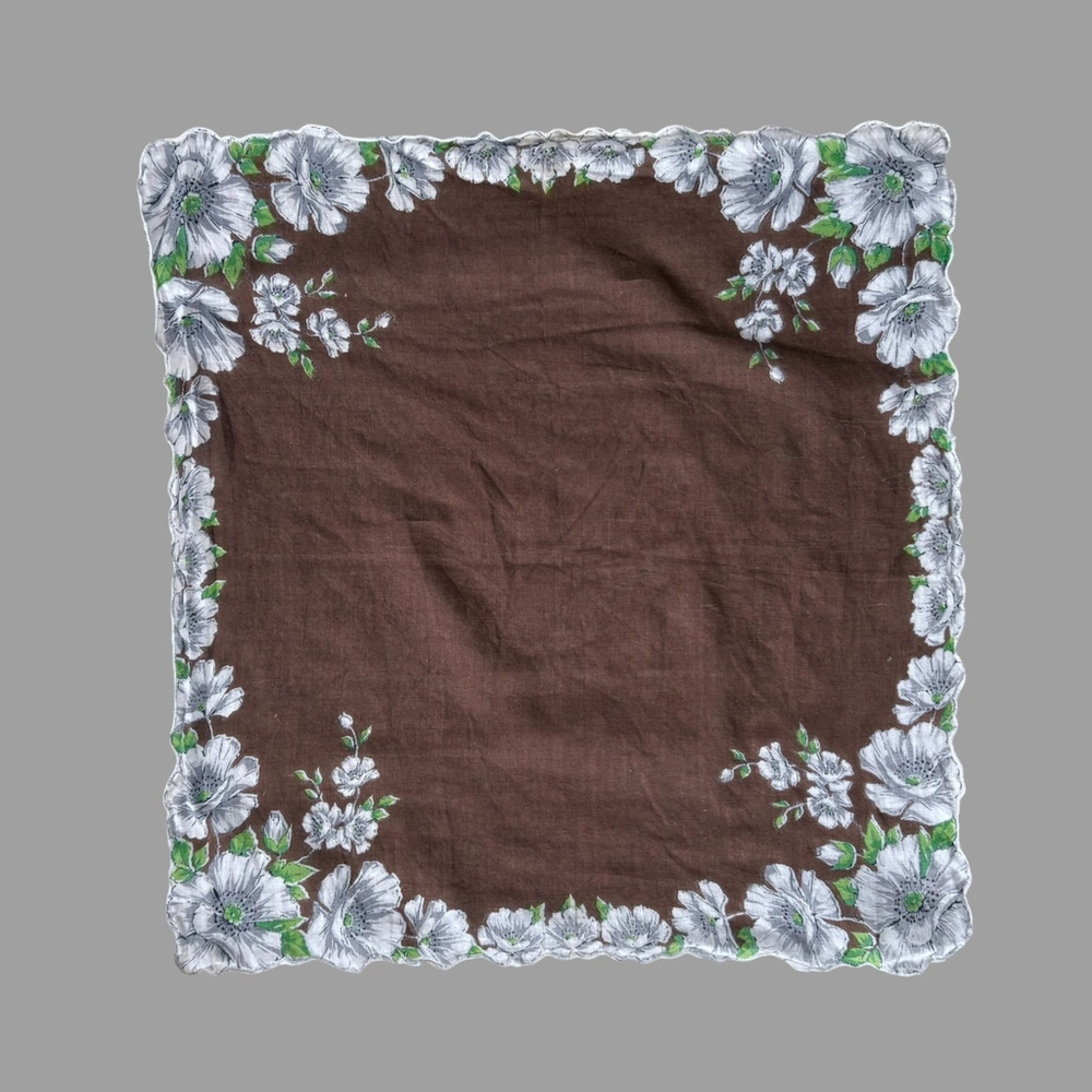 Vintage 1950s Floral Handkerchief Brown White